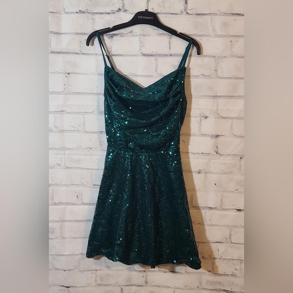 Emerald Green Sequin Lace Up Skater Dress